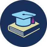 An icon representing education, consisting of a tasselled academic hat sitting on a book.